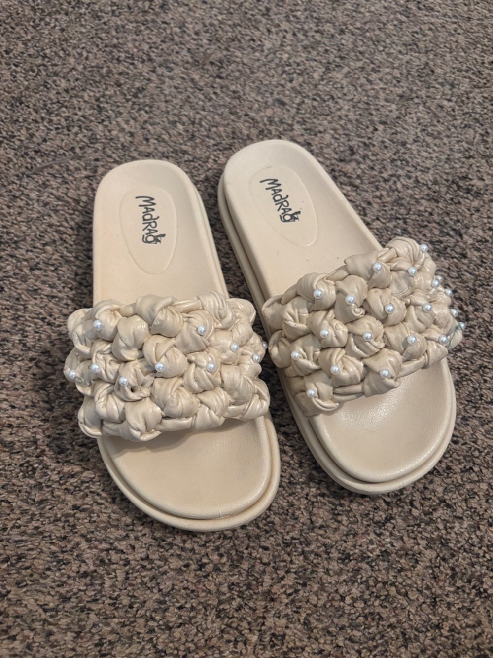 Madden Girl Cream Knotted Pearl Slide Sandals